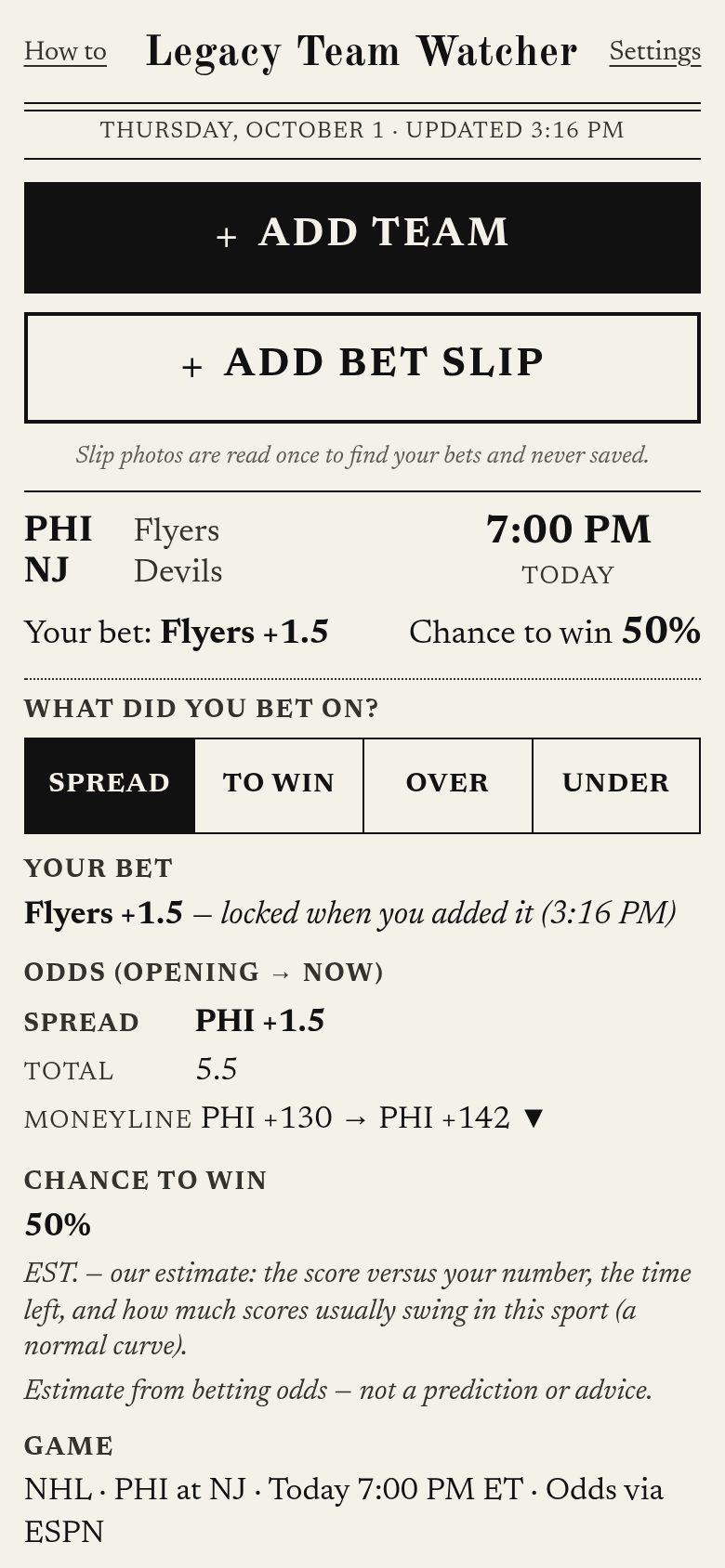 A game card opened to show your line, odds movement and estimated chance to win