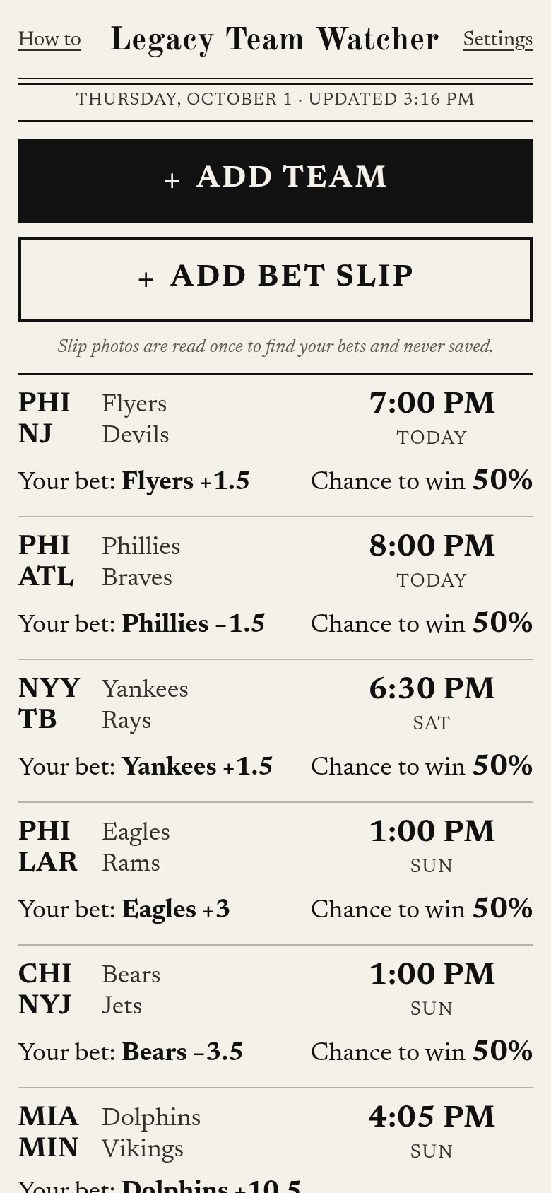 Legacy Team Watcher home screen listing this week’s games for the teams you follow
